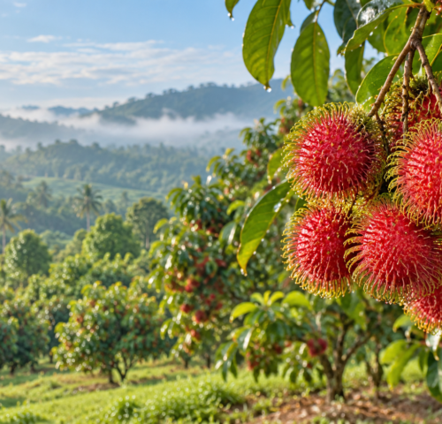 A healthy rambutan tree loaded with bright red fruit in a clean Karnataka orchard, with no text or watermark.