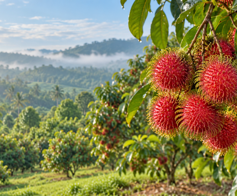 A healthy rambutan tree loaded with bright red fruit in a clean Karnataka orchard, with no text or watermark.
