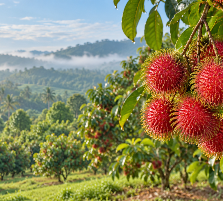A healthy rambutan tree loaded with bright red fruit in a clean Karnataka orchard, with no text or watermark.