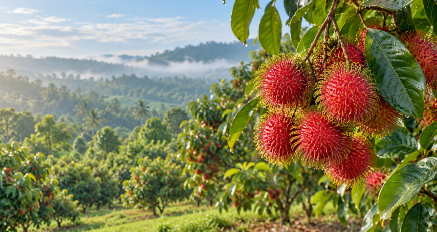 A healthy rambutan tree loaded with bright red fruit in a clean Karnataka orchard, with no text or watermark.
