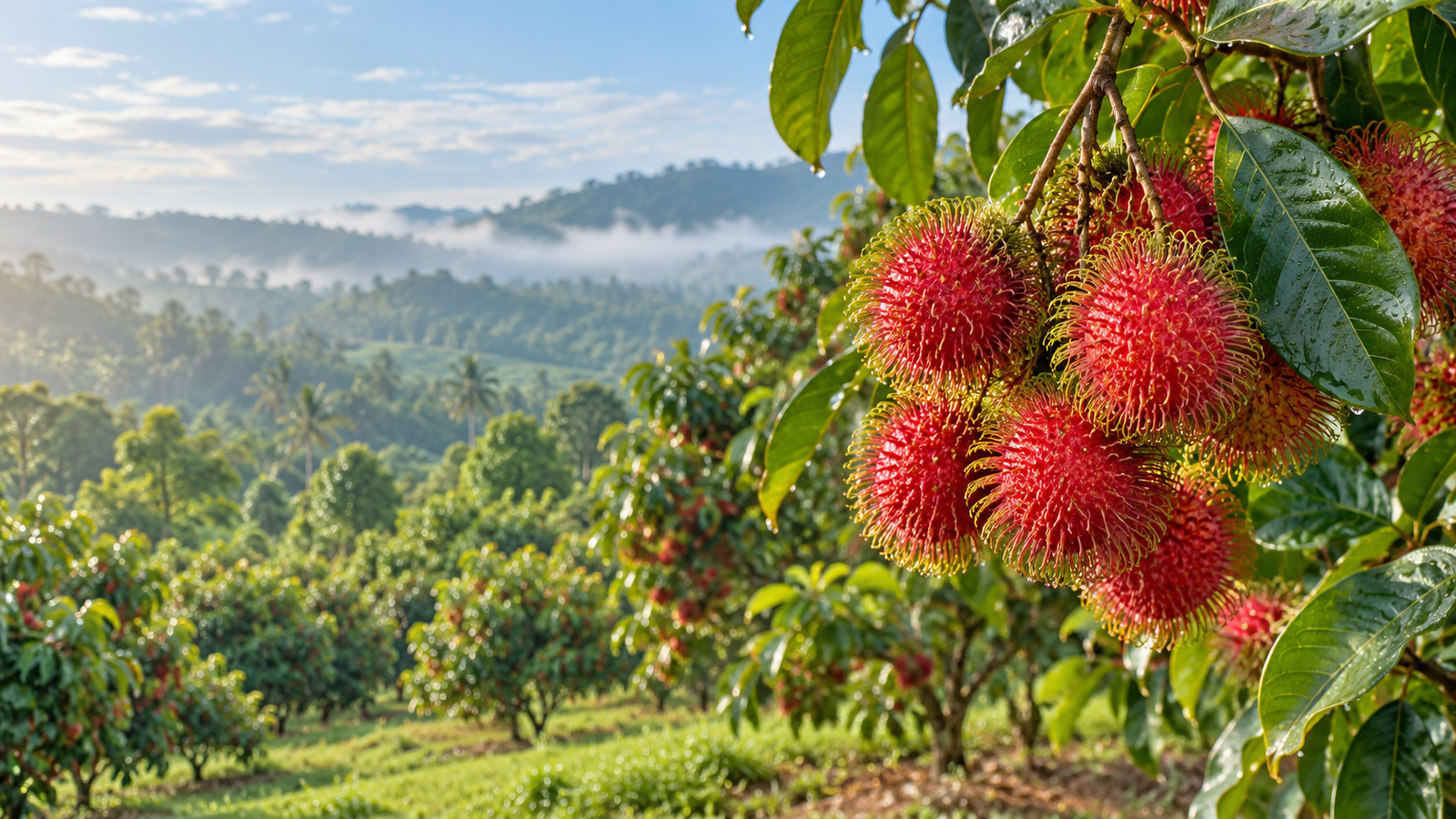 A healthy rambutan tree loaded with bright red fruit in a clean Karnataka orchard, with no text or watermark.