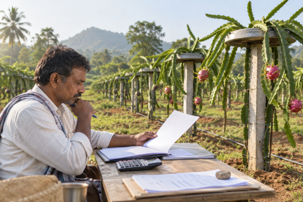 Farmer reviewing government subsidy application for dragon fruit farming in Karnataka