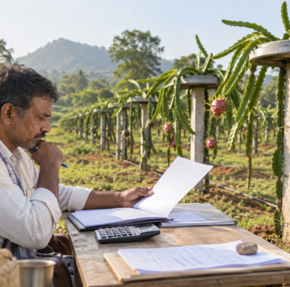 Farmer reviewing government subsidy application for dragon fruit farming in Karnataka