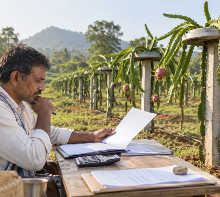 Farmer reviewing government subsidy application for dragon fruit farming in Karnataka