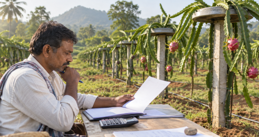 Farmer reviewing government subsidy application for dragon fruit farming in Karnataka