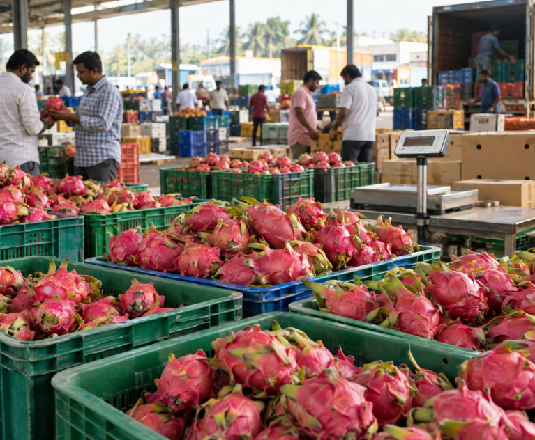 Dragon fruit market and buyers in Bengaluru, Karnataka