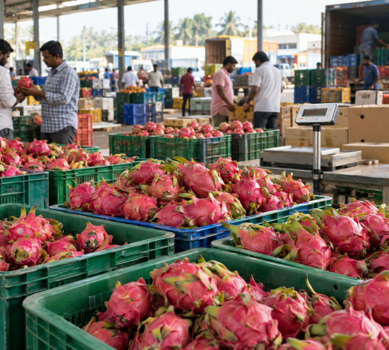 Dragon fruit market and buyers in Bengaluru, Karnataka