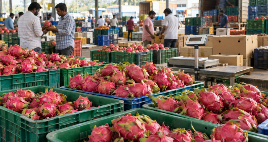 Dragon fruit market and buyers in Bengaluru, Karnataka