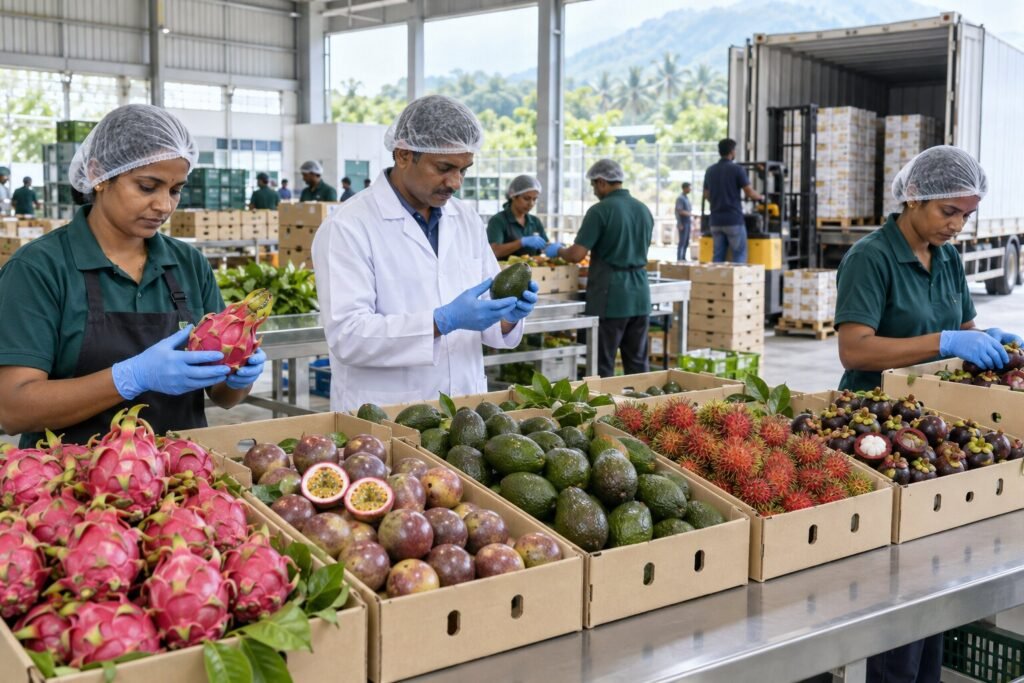 Exotic fruit exporters from India preparing fresh fruit for international shipment