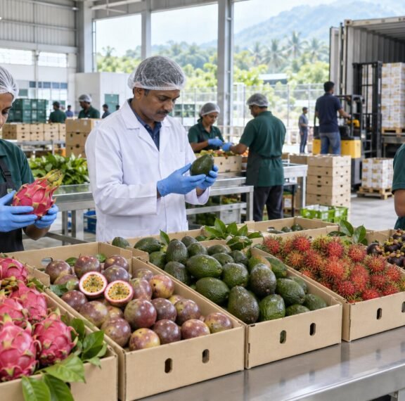 Exotic fruit exporters from India preparing fresh fruit for international shipment