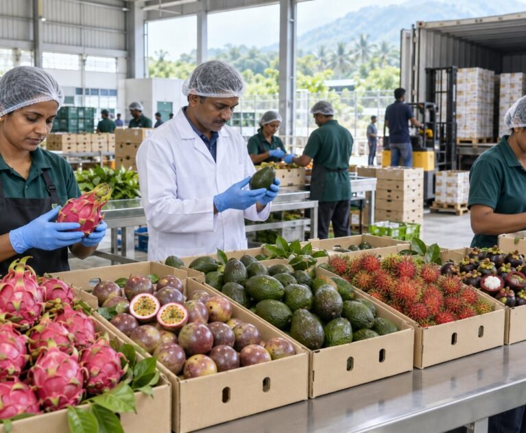 Exotic fruit exporters from India preparing fresh fruit for international shipment