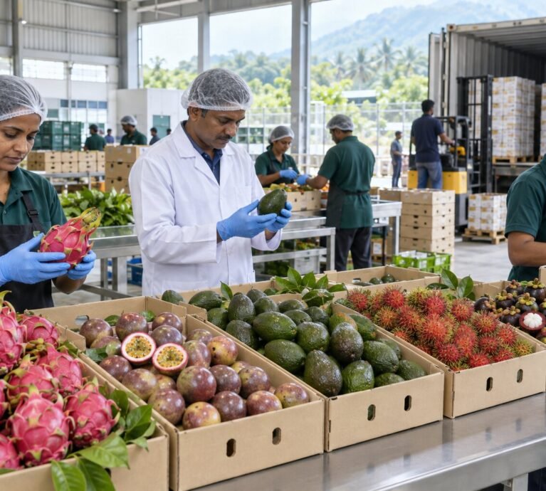 Exotic fruit exporters from India preparing fresh fruit for international shipment