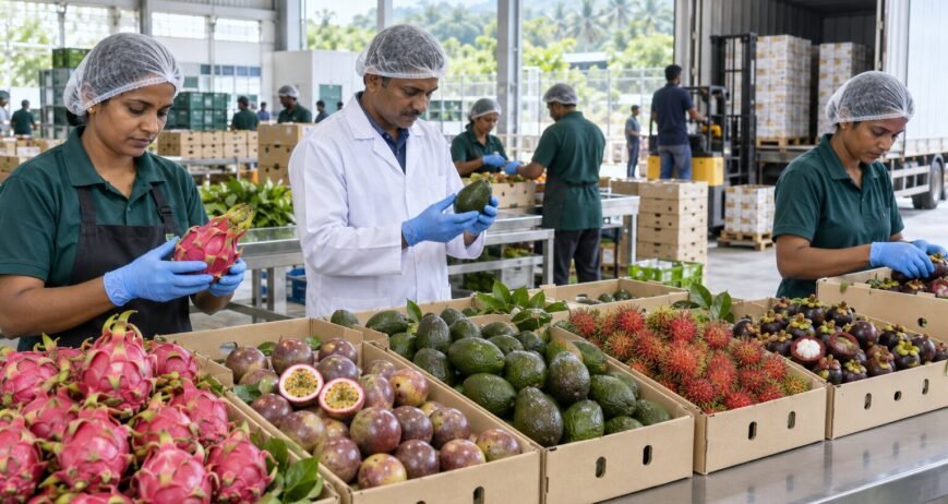 Exotic fruit exporters from India preparing fresh fruit for international shipment